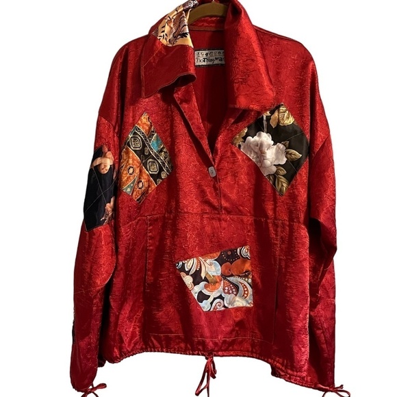 Nothing Matches FloralJacket 2X Red Patchwork Retro Classic Artsy Boho Chic 80s - Picture 1 of 10